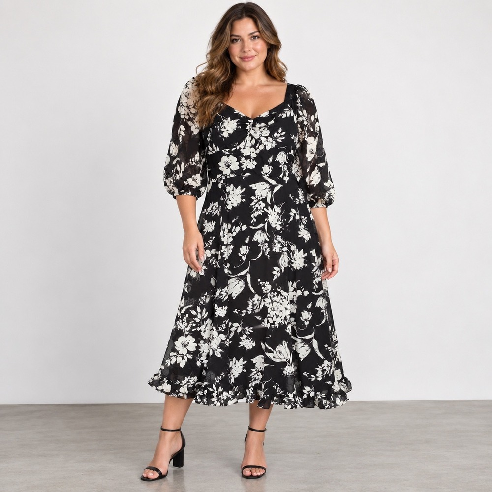Rachel Zoe Black White Floral Puff Sleeve Ruffle Midi Dress Size 14 Cottagecore